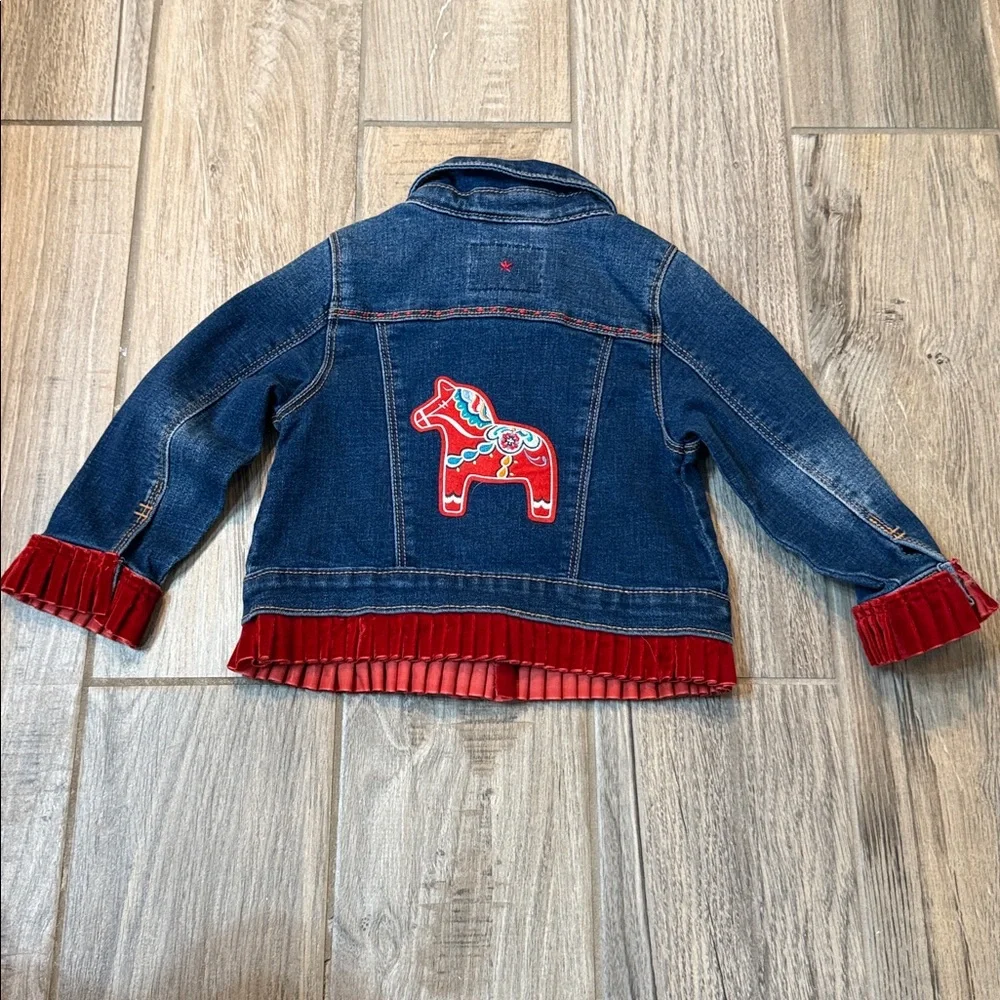 Urban Charlee Girls‎ Denim Jacket w/Red Velour Ruffle Hem & Horse Embroidery